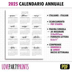 Calendario 2025 Annuale Italian PDF Stampabile in formato A4 e Letter Size e domenica Inizio settimana Home Download digitale minimalista