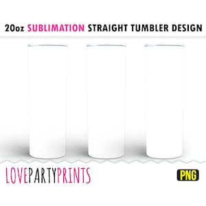 May include: Three white 20oz sublimation straight tumblers. The tumblers are empty and have a smooth, white surface.  The tumblers are arranged in a row, with the leftmost tumbler slightly closer to the viewer.  The image is against a white background.