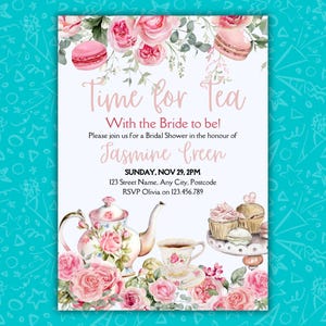 Plantilla de invitación para despedida de soltera "Time For Tea" / Editable en Canva / Invitación con temática de fiesta del té / Descarga digital / Elegante diseño floral con tazas de té