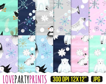 Winter Digital Paper, Seamless Patterns, Hand Drawn 12x12" 300dpi, (DP8)