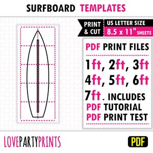 Modello di tavola da surf in PDF, modelli da tracciare e tagliare da 30 cm a 21 cm, stencil a grandezza naturale per festa di compleanno in spiaggia, per prato all'aperto, download immediato