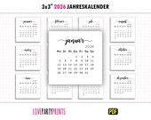 3x3 2026 Kalender Jährlich German PDF druckbare A4 & Letter Format Montag und Sonntag Woche Start Home Minimalistischer Digital Download