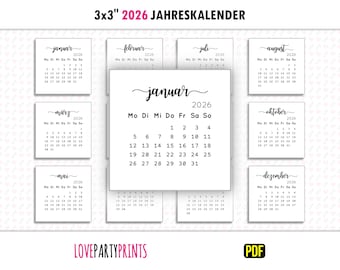 3x3 2026 Mini Calendar Annual Yearly PDF Printable A4 & Letter