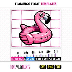 May include: Pink flamingo float template with black outlines, set against a grid. The text "FLAMINGO FLOAT TEMPLATES" is at the top. Includes size indicators from 1ft to 6ft. Text at the bottom reads "LETTER SIZE & A4 SIZE PRINT & CUT PDF SHEETS".