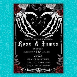 Editable Goth Wedding Invitation, Canva Text Template, 5x7 Inch and Mobile Templates, Skeleton and Roses Custom Printable & Digital Invites