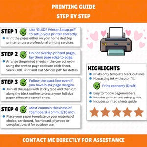 May include: A printing guide with orange headers and white text boxes detailing four steps for assembly. It features a printer illustration with pink hearts, a highlights box with five brown stars, and instructions for using 5mm or 3/16 inch foamboard.