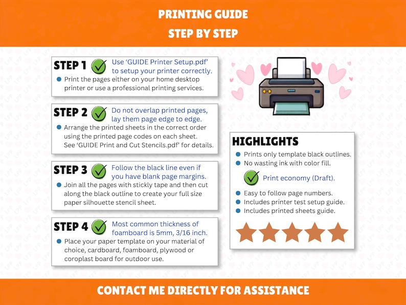 May include: A printing guide with orange headers and white text boxes detailing four steps for assembly. It features a printer illustration with pink hearts, a highlights box with five brown stars, and instructions for using 5mm or 3/16 inch foamboard.