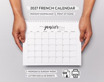 Printbare Franse kalender 2027 Minimalistische maandplanner voor op je bureau PDF Direct te downloaden