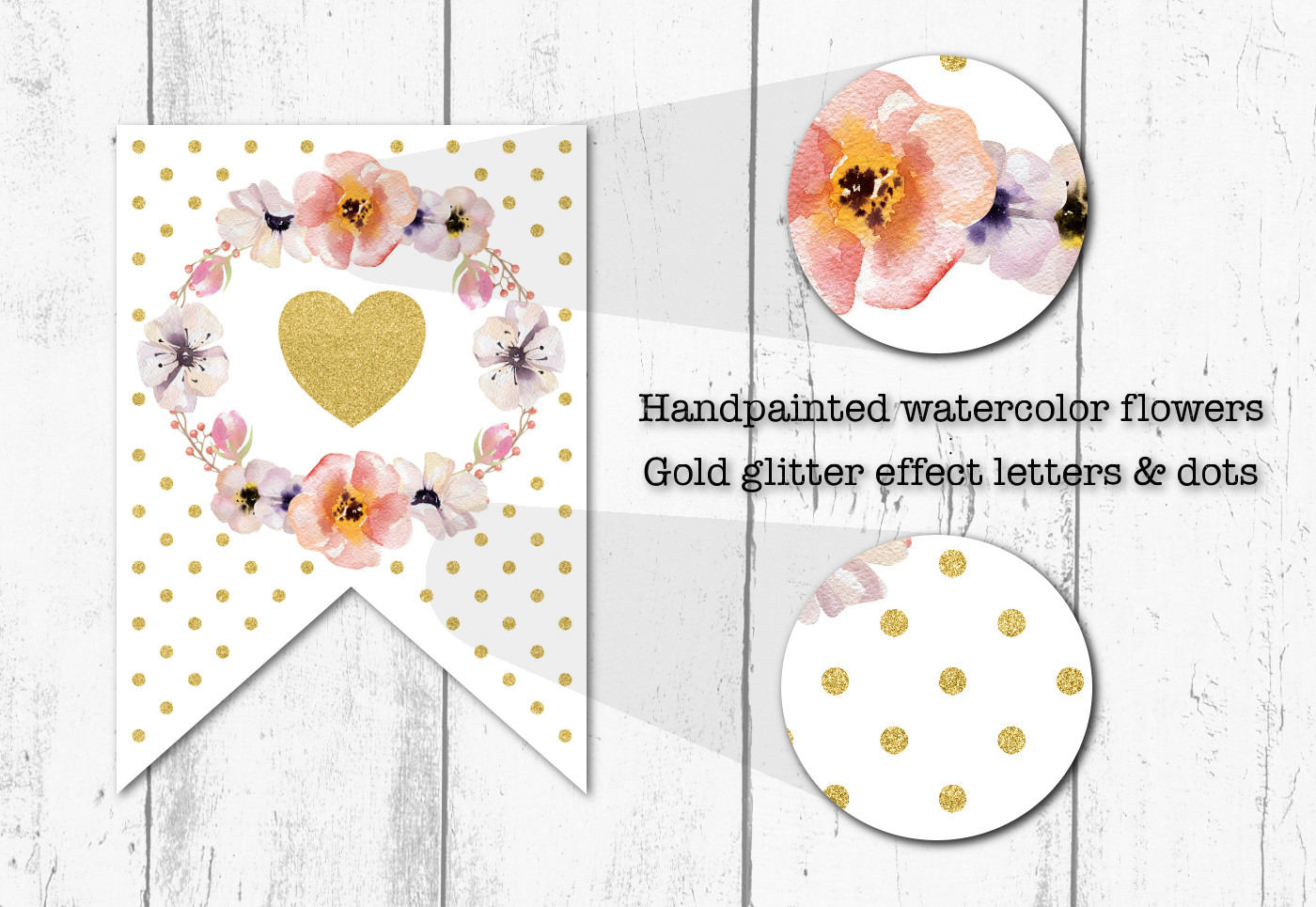 Pink Floral Printable Banner Gold Glitter Party Decor | Etsy