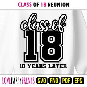 May include: White sweatshirt with the text "Class of 18 Reunion." The design features the words "Class of" in a script font above the number "18" in a bold, block font. Below, it reads "10 Years Later."