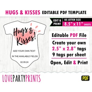 Etiquetas de regalo para baby shower editables en formato PDF, plantilla de etiqueta de regalo con abrazos y besos, tamaño carta 8,5 x 11 pulgadas, edición e impresión, descarga instantánea, CA201