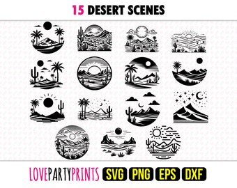 Desert Scene SVG Bundle, PNG, EPS, Dxf, Deserts Landscape Scenes, Desert Cactus Silhouette, 15 Cut File Templates, Digital Download, 1294