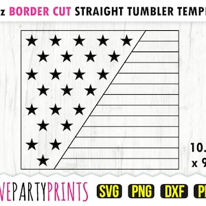 K&ouml;nnte beinhalten: Eine schwarz-wei&szlig;e Tumbler-Vorlage mit einem Design, das von der amerikanischen Flagge inspiriert ist. Das Design umfasst Sterne und Streifen mit den Ma&szlig;en 26,04 cm x 24,13 cm. Der Text "30oz BORDER CUT STRAIGHT TUMBLER TEMPLATE" steht oben und "LOVEPARTYPRINTS" unten.