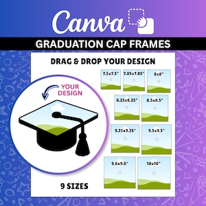 May include: A digital template for graduation cap frames featuring the Canva logo and the text Graduation Cap Frames. It includes a circular graphic with a graduation cap icon labeled Your Design and nine square frames with dimensions in inches.