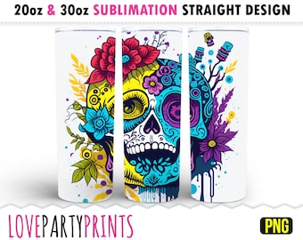 Sugar Skull Tumbler Wrap, 20oz & 30oz Skinny Tumbler Sublimation Design, Day of the Dead Splash Wrap, Instant Digital Download, PNG, sub58