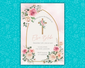 Baptism Invitation Template | Roses Floral Christening Invite | Editable Canva | Printable Digital Download | Girl Baptism Invitation