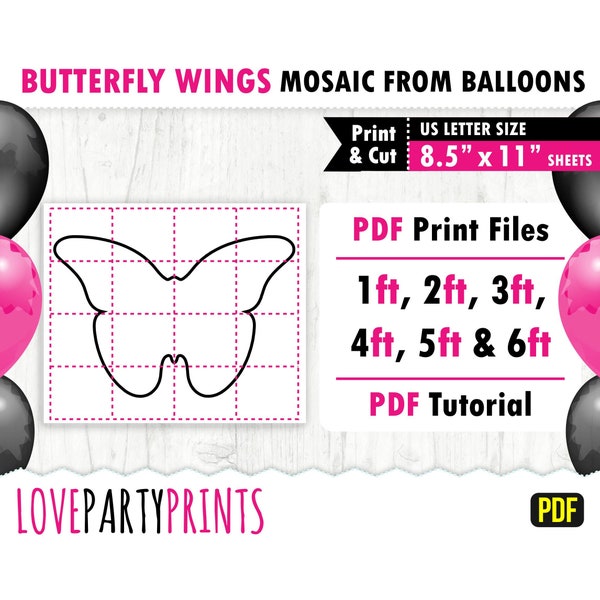 Butterfly Wings from Balloons Mosaic Template PDF, 1ft, 2ft, 3ft, 4ft, 5ft, 6ft, Baby Shower Decor, 8.5"x11" Printable PDF, Instant Download