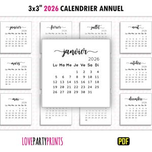 3x3 Calendrier 2026 annuel French Français PDF imprimable A4 et format lettre lundi et dimanche début de la semaine téléchargement numérique