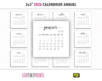 3x3 Calendrier 2026 annuel French Français PDF imprimable A4 et format lettre lundi et dimanche début de la semaine téléchargement numérique