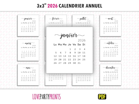 3x3 Calendrier 2026 annuel French Français PDF imprimable A4 et format lettre lundi et dimanche début de la semaine téléchargement numérique