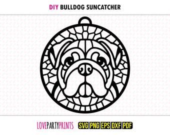 Acchiappasole Bulldog SVG, Dxf, Png, Pdf, Eps, Ornamento per finestra con cane, Clip art vettoriale con silhouette tagliata al laser, File di taglio