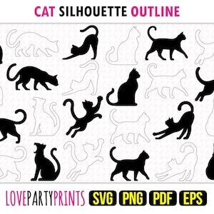 Katze Silhouette Umriss Bundle SVG, PNG, EPS, Pdf, Kitty Katzen Schneidemaschine Laser Vektor geschnitten Grafikdesign-Vorlage, Sofort Download