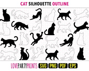Cat Silhouette Outline Bundle SVG, PNG, EPS, Pdf, Kitty Cats Cutting Machine Laser Vector Cut Graphic Design Template, Instant Download
