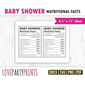 May include: A printable 8.5 x 11 inch sheet with a baby shower nutrition facts design. The design features a black and white graphic with the text "Baby Shower Nutrition Facts" and a list of items with a percentage value of 100% next to each item. The list includes unconditional love, hugs and kisses, bottles and diapers, patience, outfits and toys, family, and sleep. The text "The % Daily Values (DV) are 100% correct." is at the bottom of the design.