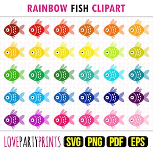 Poissons arc-en-ciel Clipart SVG, PNG EPS Pdf, 30 modèles, poissons mignons, clipart coloré joyeux poisson tropical, téléchargement immédiat, 1848