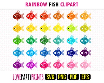 Clipart de peces para niños (SVG, PNG, EPS, PDF), 30 plantillas, peces adorables, imágenes prediseñadas de peces tropicales alegres con arcoíris coloridos, descarga instantánea, 1848