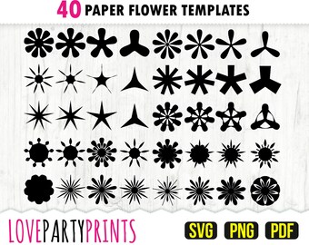 May include: A set of 40 black and white paper flower templates. The templates are in various shapes and sizes, including stars, circles, and flowers. The text "LOVEPARTYPRINTS" is at the bottom of the image, and the text "SVG PNG PDF" is at the bottom right of the image.