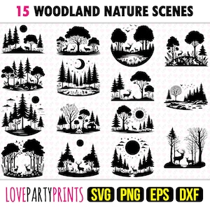 Forest Scene SVG Bundle, PNG, EPS, Dxf, Woodland Scenes, Wood land Silhouette, Deer Scene Svg, 15 Outdoor Templates, Digital Download, 1287