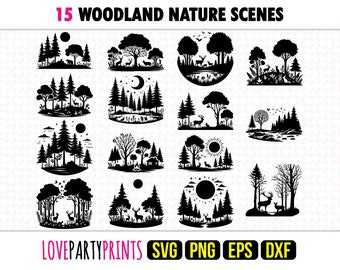 Waldszenen-SVG-Bundle, PNG, EPS, DXF, Waldmotive, Waldsilhouette, Hirschmotiv (SVG), 15 Outdoor-Vorlagen, Digitaler Download, 1287