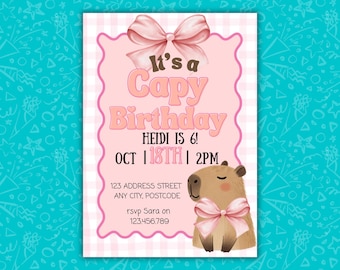 Girls Capy Birthday Invitation Template | Cute Capybara Party Invite | Editable Canva | Printable Digital Download | Animal Theme Birthday