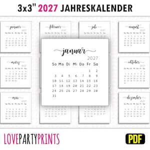 Op de afbeelding: Een set van 3x3 inch 2027 kalenders. De hoofdkalender toont januari, met de andere maanden eromheen gerangschikt. Elke maand is een aparte kaart met de naam van de maand en de dagen van de week. De tekst "LOVEPARTYPRINTS" staat onderaan.