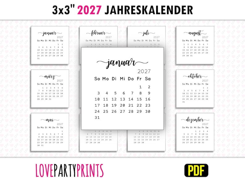 Op de afbeelding: Een set van 3x3 inch 2027 kalenders. De hoofdkalender toont januari, met de andere maanden eromheen gerangschikt. Elke maand is een aparte kaart met de naam van de maand en de dagen van de week. De tekst "LOVEPARTYPRINTS" staat onderaan.