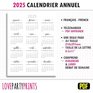 Kalendar 2025 annuel French Français PDF druckbare A4 et Format Briefpapier und gedruckte Zahlen
