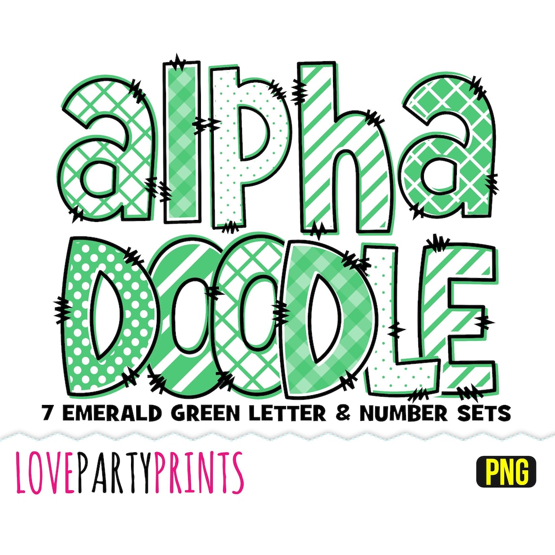 Emerald Green Letters Numbers Doodle Bundle, Uppercase & Lowercase ...