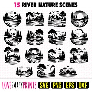 River Scene SVG Bundle, PNG, EPS, Dxf, Landscape Rivers Scenes, Nature Mountain Silhouette, 15 Outdoor Templates, Digital Download, 1291