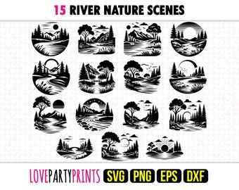 River Scene SVG Bundle, PNG, EPS, Dxf, Landscape Rivers Scenes, Nature Mountain Silhouette, 15 Outdoor Templates, Digital Download, 1291