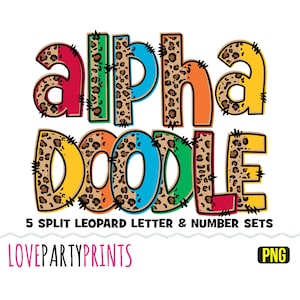 Leopard Split Alphabet Doodle Bundle, Uppercase & Lowercase, Kids Fun Sublimation PNG Font, Instant Download, FIVE Font BUNDLE, ca188