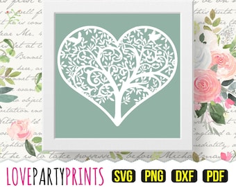 May include: A white heart-shaped tree with intricate branches and two birds perched on the branches. The tree is on a light green background.