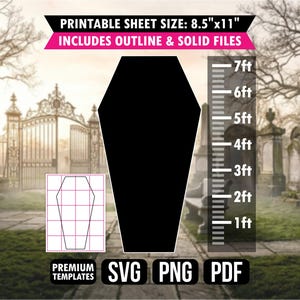 Modello di bara, stencil grande, stampa, ritaglio, sfondo gigante di Halloween, decorazione spettrale SVG PDF PNG