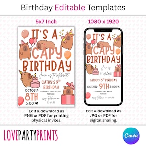 May include: A birthday invitation template featuring cartoon capybaras, balloons, and cake. The design includes the text "It's a Capy Birthday" and event details. Available in 5x7 inch and 1080 x 1920 formats, editable as PNG or PDF.