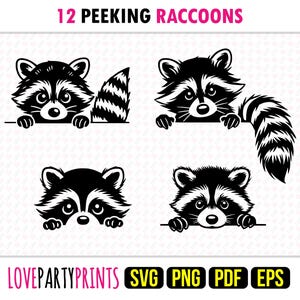 Pode incluir: Doze ilustra&ccedil;&otilde;es em preto e branco de guaxinins espiando por cima de uma superf&iacute;cie. Cada guaxinim tem uma cauda espessa e est&aacute; olhando para o espectador. O texto "12 PEEKING RACCOONS" est&aacute; no topo da imagem.