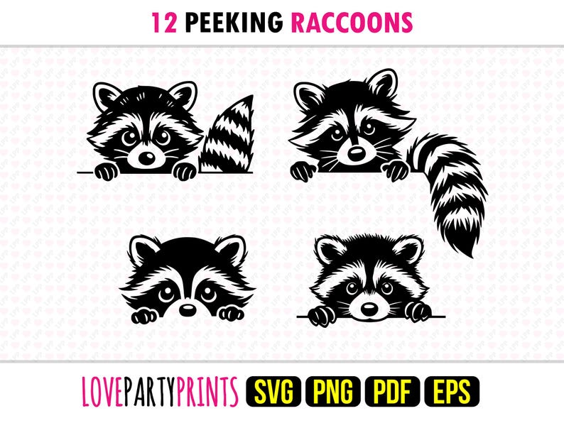 Pode incluir: Doze ilustra&ccedil;&otilde;es em preto e branco de guaxinins espiando por cima de uma superf&iacute;cie. Cada guaxinim tem uma cauda espessa e est&aacute; olhando para o espectador. O texto "12 PEEKING RACCOONS" est&aacute; no topo da imagem.