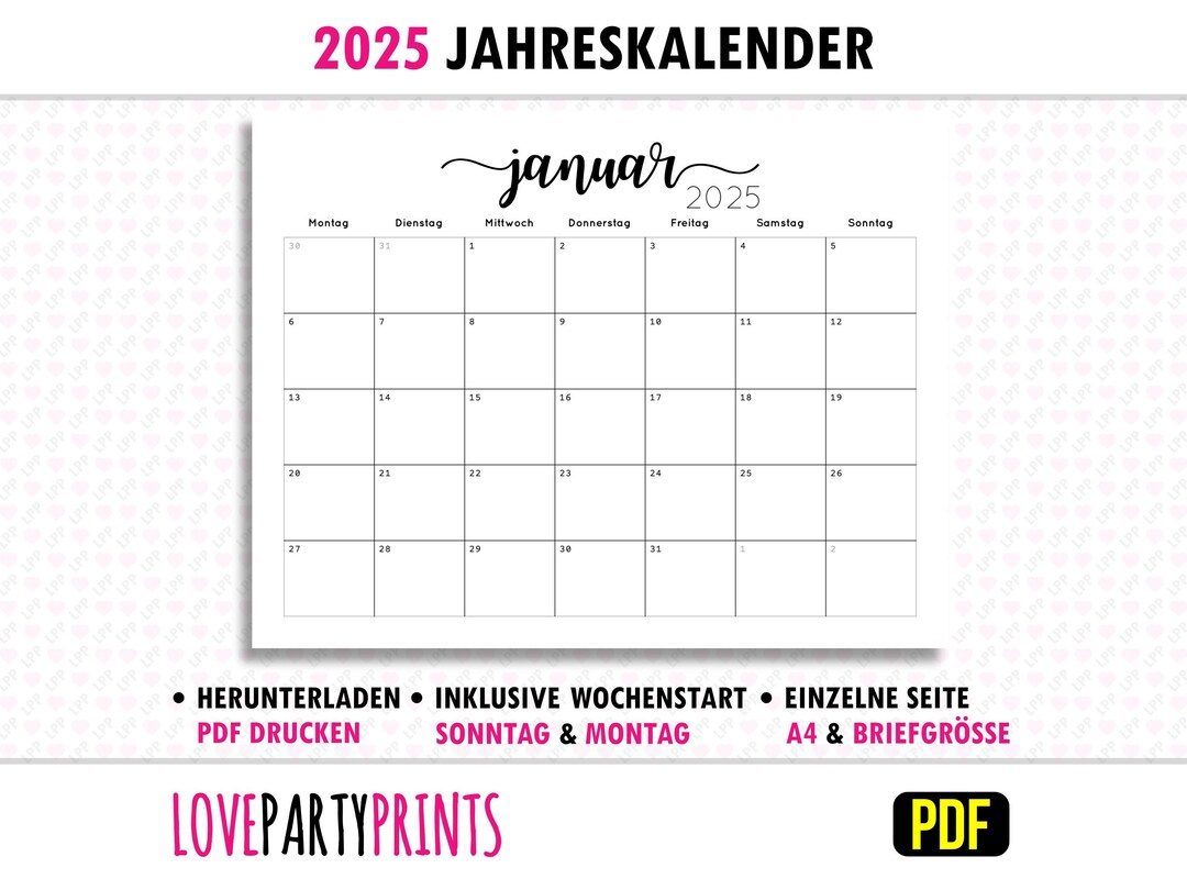 2025 Kalender Druckbare Jährlich German PDF A4 & Letter-format Montag