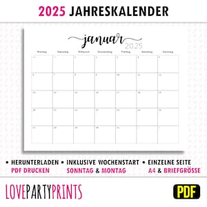 Puede incluir: Un calendario imprimible para el año 2025, con el mes de enero destacado. El calendario está en alemán y presenta un diseño simple en blanco y negro.