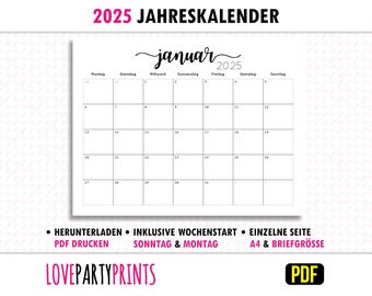 2025 Kalender druckbare Jährlich German PDF A4 & Letter-Format Montag und Sonntag Woche Start Home Minimalistischer Digital Download 1615