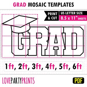 Puede incluir: Plantilla imprimible en blanco y negro para un mosaico de graduación. La plantilla presenta la palabra "GRAD" con un gorro de graduación en la parte superior. La plantilla está dividida en cuadrados para facilitar el corte y el montaje. La plantilla está disponible en tamaños de 1 a 6 pies.